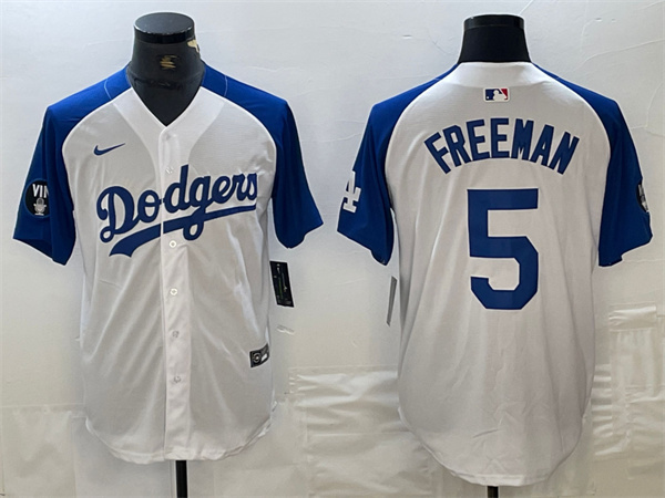 Men's Los Angeles Dodgers #5 Freddie Freeman White/Blue Vin Patch Cool Base Stitched Baseball Jersey Men's Los Angeles Dodgers #5 Freddie Freeman White/Blue Vin Patch Cool Base Stitched Baseball Jersey